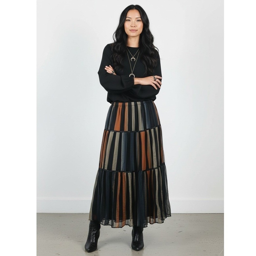 Peter Nygard Tiered Striped Maxi Skirt Velvet Trim Whimsigoth Boho Chiffon L